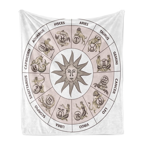 Astrology Soft Flannel Fleece Throw Blanket, Wheel Circle of Zodiac Signs with Sun Seem Image in Center Art Print, Cozy Plush for Indoor and Outdoor Use, 50" x 70", Pale Grey and White, by Ambesonne