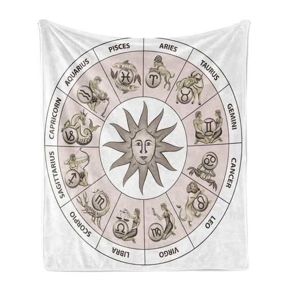 Astrology Soft Flannel Fleece Throw Blanket, Wheel Circle of Zodiac Signs with Sun Seem Image in Center Art Print, Cozy Plush for Indoor and Outdoor Use, 70" x 90", Pale Grey and White, by Ambesonne