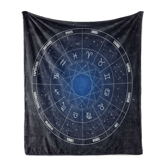 Astrology Soft Flannel Fleece Throw Blanket, Zodiac Horoscope Chart in Wheel Shape Dates in Space Dots Image, Cozy Plush for Indoor and Outdoor Use, 50" x 70", Dark Blue and White, by Ambesonne