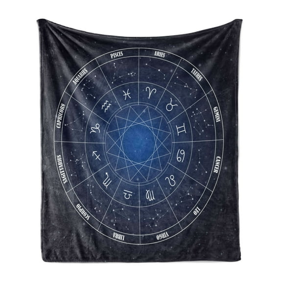 Astrology Soft Flannel Fleece Throw Blanket, Zodiac Horoscope Chart in Wheel Shape Dates in Space Dots Image, Cozy Plush for Indoor and Outdoor Use, 60" x 80", Dark Blue and White, by Ambesonne