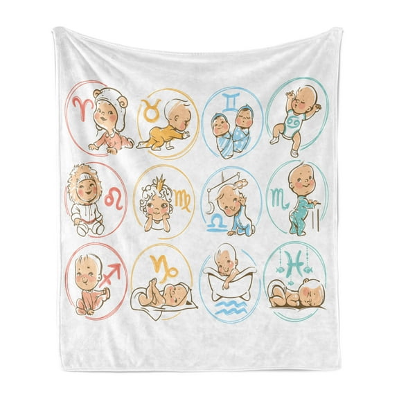 Astrology Soft Flannel Fleece Throw Blanket, Zodiac Sign with Colorful Baby Sleeping Characters Design Print, Cozy Plush for Indoor and Outdoor Use, 50" x 60", Multicolor, by Ambesonne