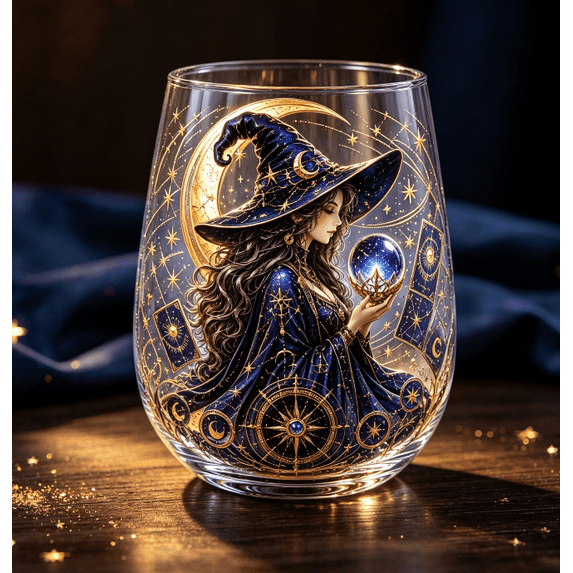 Astrology Starry Witch Stemless Tumbler, 2D Detailed Printed Glass Drinking Cup, Mystical Lunar Pattern Glassware for Kitchen, Bar and Everyday Household Use (Blue)