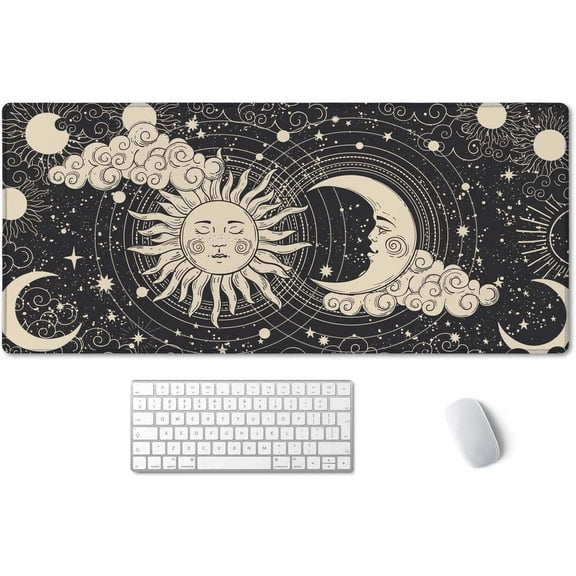 Astrology Sun with Moon Mouse Pad 35.4 X 15.7 Inch XXL Black Full Desk Mousepad Extended Large Non-Slip Rubber Base Waterproof Big Keyboard Mat with Stitched Edges for Gaming and Office