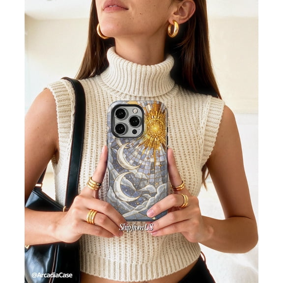 Astrology Sun Moon Phone Case Fits iPhone Samsung Slim Hard Back Cover Faux Stained Glass Celestial