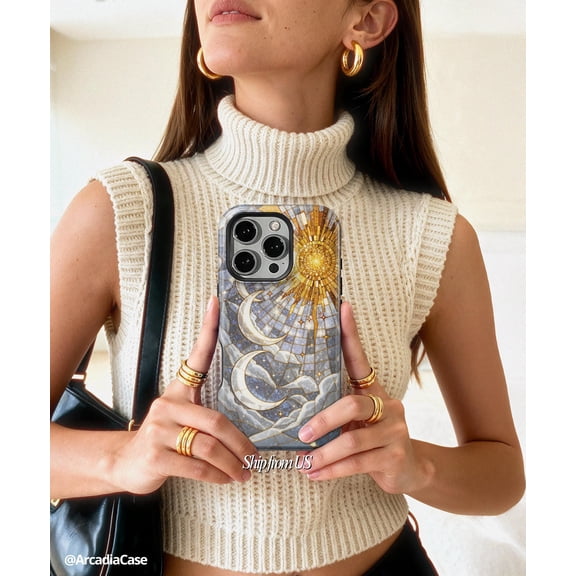 Astrology Sun Moon Phone Case Fits iPhone Samsung Slim Hard Back Cover Faux Stained Glass Celestial