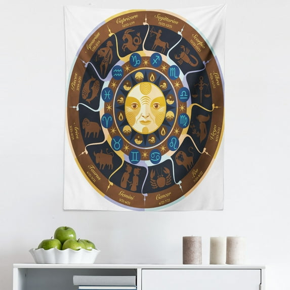 Astrology Tapestry, Aries Taurus Gemini Cancer Leo Virgo Libra Scorpio Horoscope Signs, Fabric Wall Hanging Decor for Bedroom Living Room Dorm, 5 Sizes, Brown Yellow and Blue, by Ambesonne