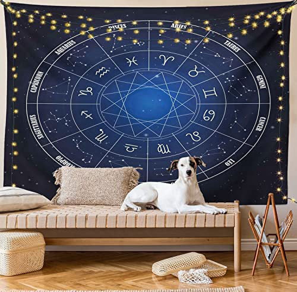 Astrology Tapestry, Horoscope Chart in Wheel Shape Dates in Dots Image