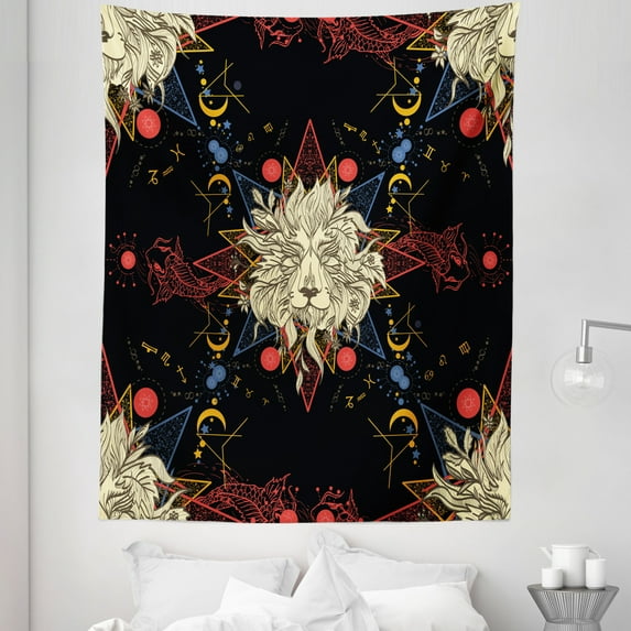 Astrology Tapestry, Medieval Lion Portraits Astrological of Zodiac Antique Style, Fabric Wall Hanging Decor for Bedroom Living Room Dorm, 5 Sizes, Multicolor, by Ambesonne