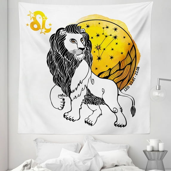 Astrology Tapestry, Royal Leader of Zodiac Sign Leo with Giant Sun and Stars Birth Fortune Image, Fabric Wall Hanging Decor for Bedroom Living Room Dorm, 5 Sizes, Multicolor, by Ambesonne