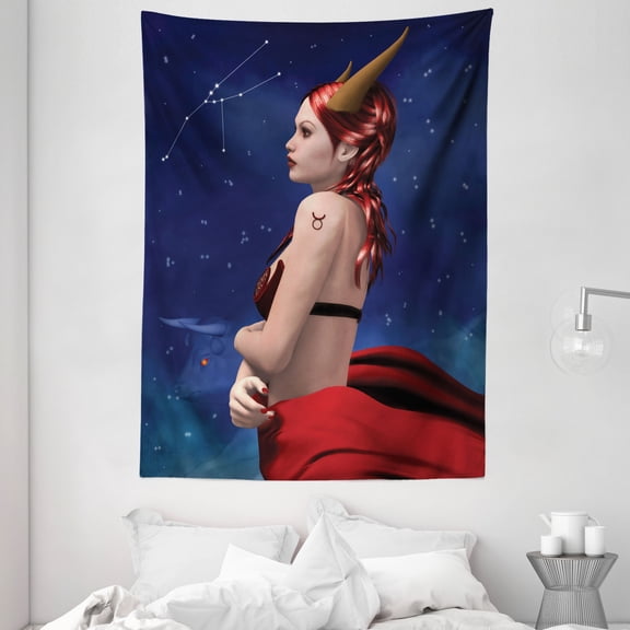 Astrology Tapestry, Taurus Girl with Horns Maleficent Zodiac Stars Venus Beauty Graphic Design, Wall Hanging for Bedroom Living Room Dorm Decor, 60W X 80L Inches, Navy Red Brown, by Ambesonne