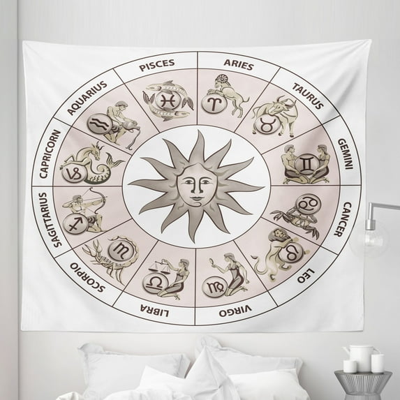Astrology Tapestry, Wheel Circle of Zodiac Signs with Sun Seem Image in Center Art Print, Fabric Wall Hanging Decor for Bedroom Living Room Dorm, 5 Sizes, Pale Grey and White, by Ambesonne