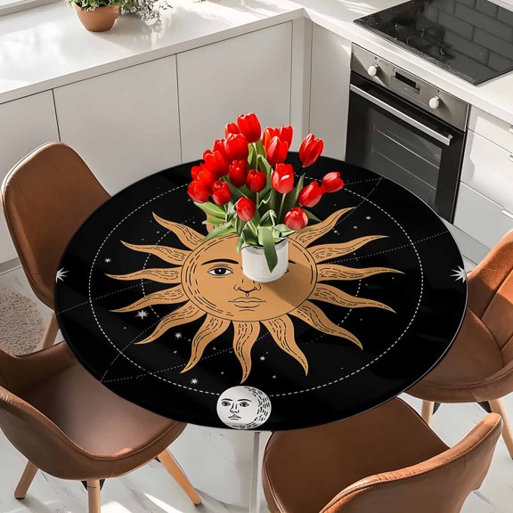 Astrology Tarot Bohemian Sun Round Fitted Tablecloth with Elastic Edge,Waterproof Table Cloth Fits Tables Up to 36"-44",Wipeable Table Cover for Indoor Outdoor Dinning,Mysterious Universe Planet