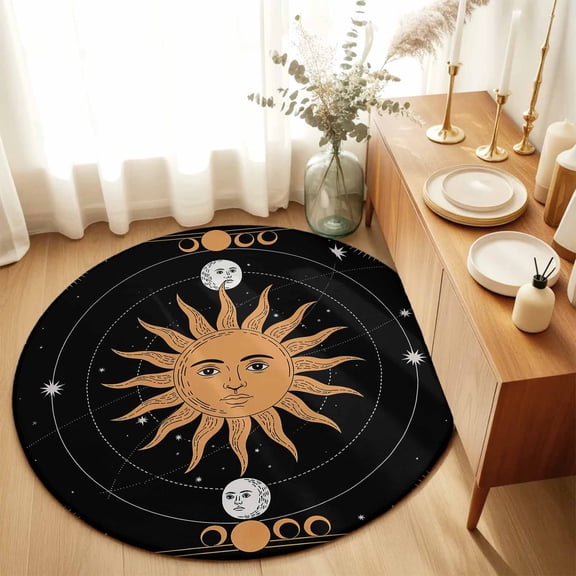 Astrology Tarot Bohemian Sun Round Rug 3ft Mysterious Universe Planet Washable Area Rugs for Living Room Bedroom Entryway Non Slip Entrance Door Mat Indoor Floor Carpet