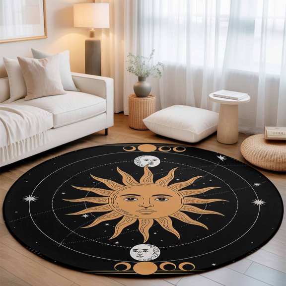 Astrology Tarot Bohemian Sun Round Rug 5ft Mysterious Universe Planet Washable Area Rugs for Living Room Bedroom Entryway Non Slip Entrance Door Mat Indoor Floor Carpet