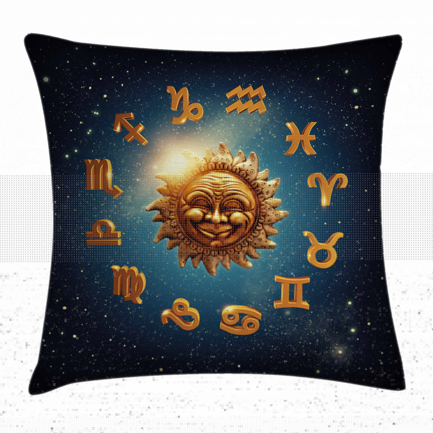 thumbnail image 1 of Astrology Throw Pillow Cushion Cover, Ancient Signs Surrounds a Moon Sun in Space with Stardust Nebula, Decorative Square Accent Pillow Case, 16 X 16 Inches, Gold Dark Blue and White, by Ambesonne, 1 of 2