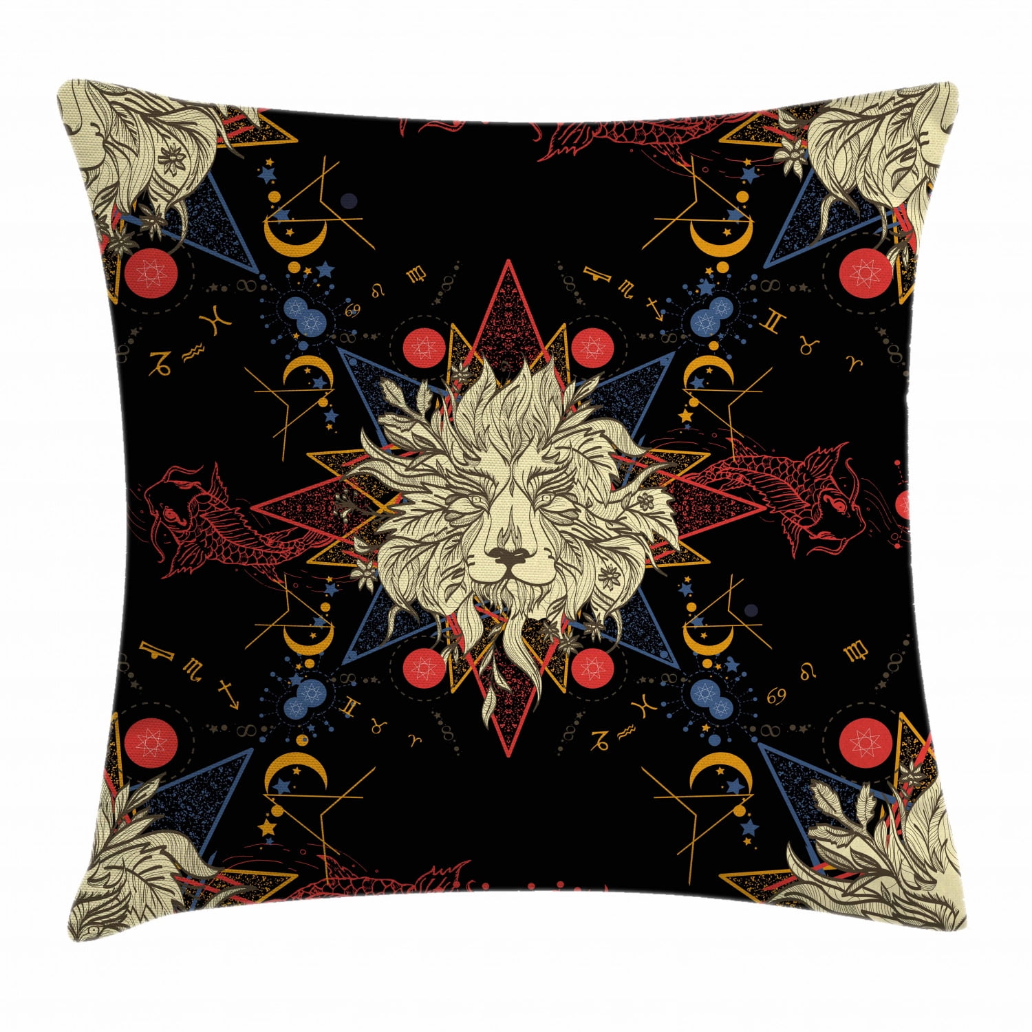 Astrology Throw Pillow Cushion Cover, Medieval Mystic Lion Astrological Symbols of Zodiac