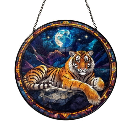 Astrology Tiger Glass Suncatcher Window Decor, Stained Glass Effect Zodiac Lunar Symbol Artwork