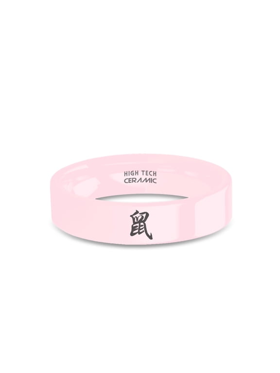 Astrology Year of Rat Character Symbol Pink Ceramic Wedding Ring, 6mm, Size 6