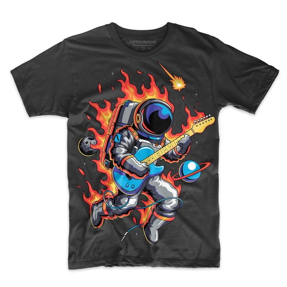 Astronado Cosmic Astronaut Graphic T-Shirt, Space-Themed Short Sleeve Tee - Galactical Guitarist Black XS-3XL