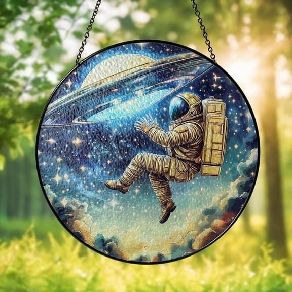 Astronaut Abduction Stained Glass Suncatcher, Sci-Fi Space Art, Alien Cosmic Decor, Gift for Women, Mother's Day Present, Window Hanging Accent