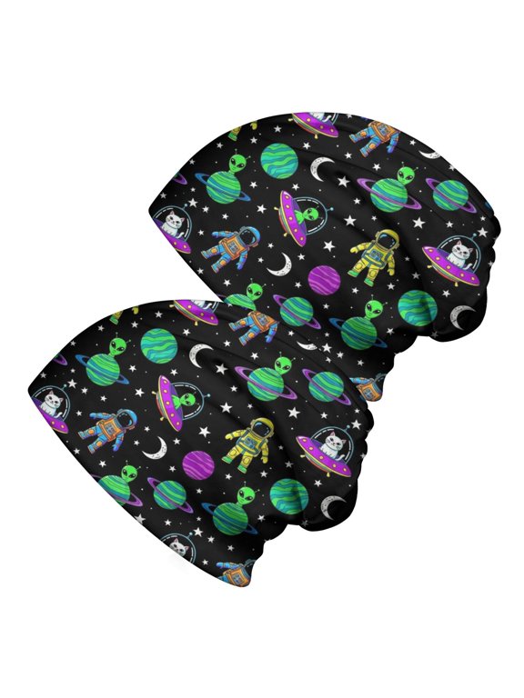 Astronaut and Alien Black Pattern 2 Pack Slouchy Beanie Hat, Sleep Head Cover with Stretchy Fabric & Soft Texture, Stretchy Polyester Gifts for Unisex Men Women