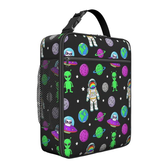 Astronaut and Alien Black Pattern Insulated Lunch Bag for Men Women,Waterproof Lunch Box for Work,Picnic or Travel,Thermal Insulation,10.63x9.06x3.54 Inches
