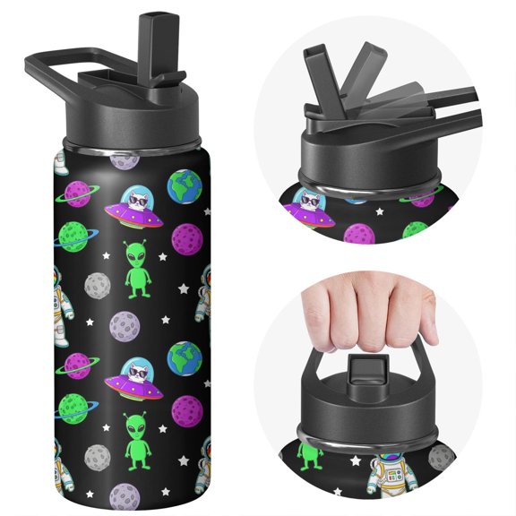 Astronaut and Alien Black Pattern Insulated Water Bottle with Straw, Vacuum Insulated Stainless Steel Drink Container Sweat-free Exterior Gifts Ideas for Home Office Outdoor Sports Car
