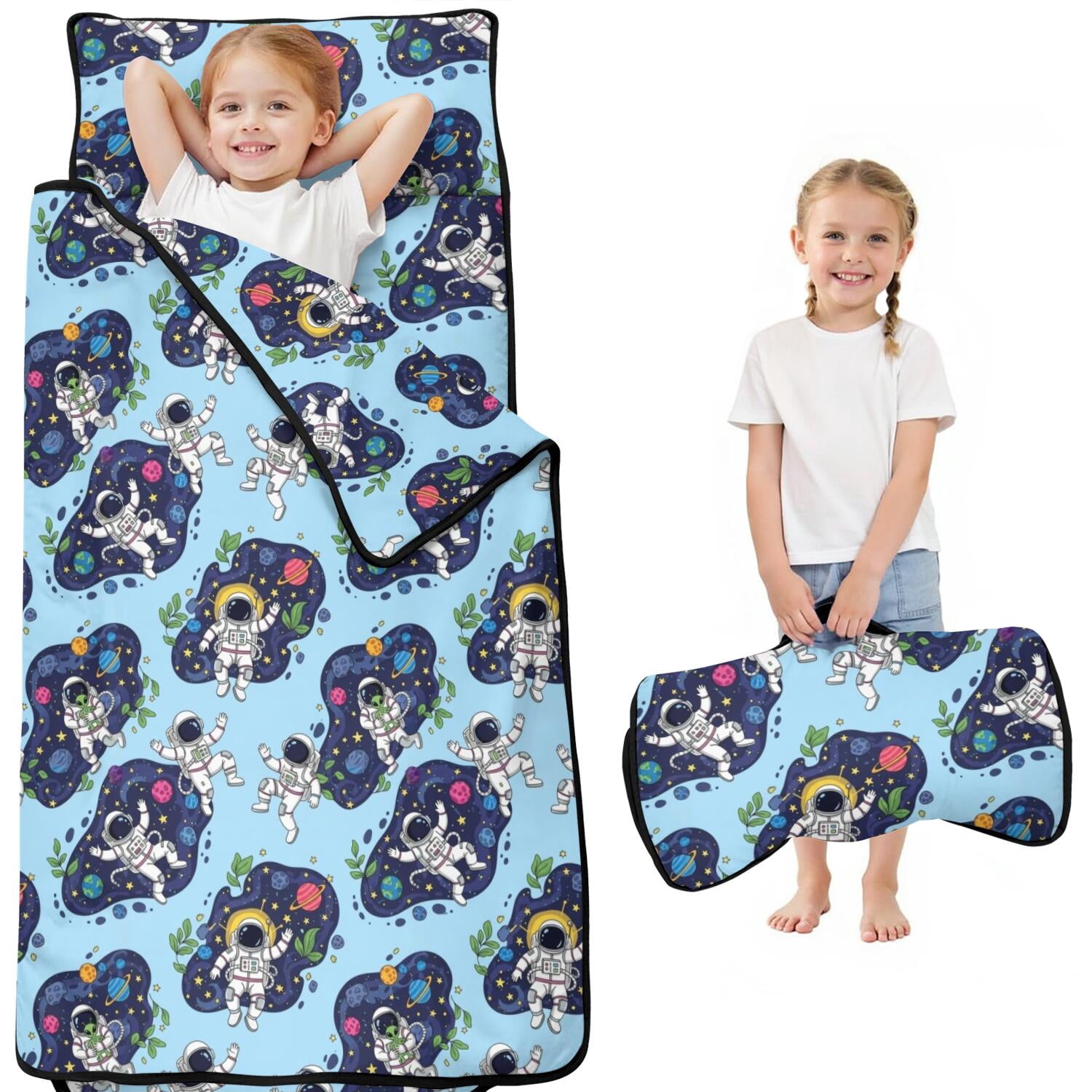 Astronaut and Alien Blue Pattern Kids Nap Mat, Daycare Sleep Mat with ...