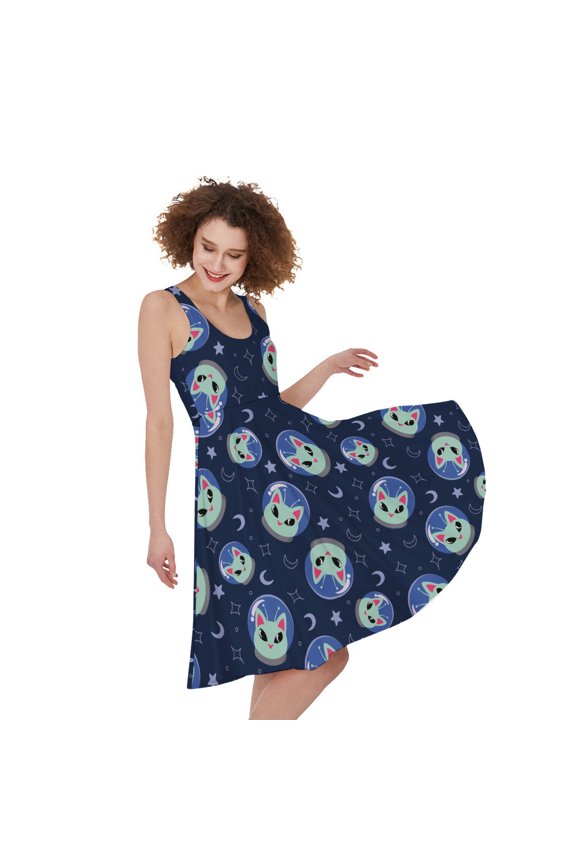 Astronaut Alien Cat Print Sleeveless Knee Length Dress, Pet Cat Fashion Summer Maxi Dress For Women
