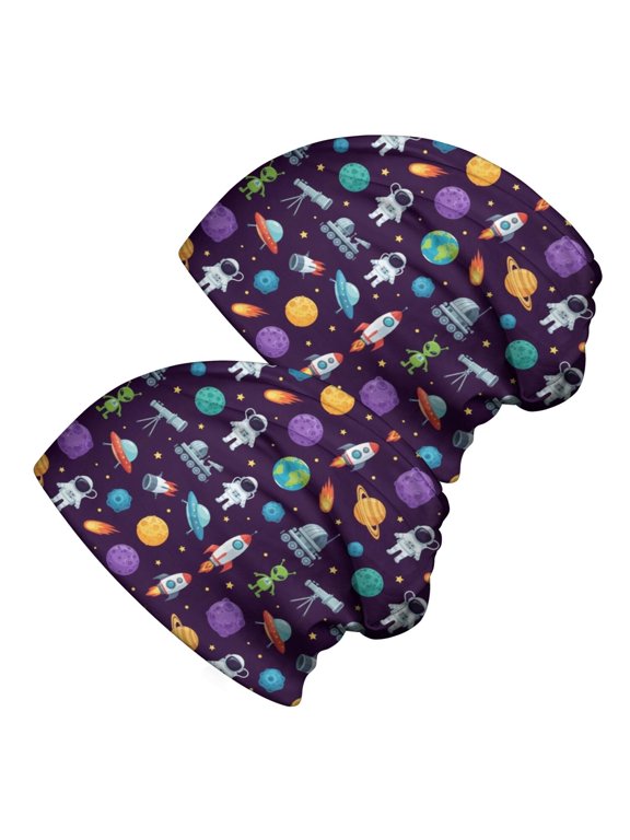 Astronaut and Alien Purple Pattern 2 Pack Slouchy Beanie Hat, Warm Winter Skull Cap with Stretchy Fabric & Soft Texture, Lightweight Flexible Gifts for Unisex Men Women