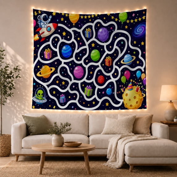 Astronaut and Alien in Starry Space Maze, Whimsical Illustration for Astronomy Fans, Galaxy Party Decor, Birthday Gift, Tapestry Wall Hanging for Bedroom and Gaming Room