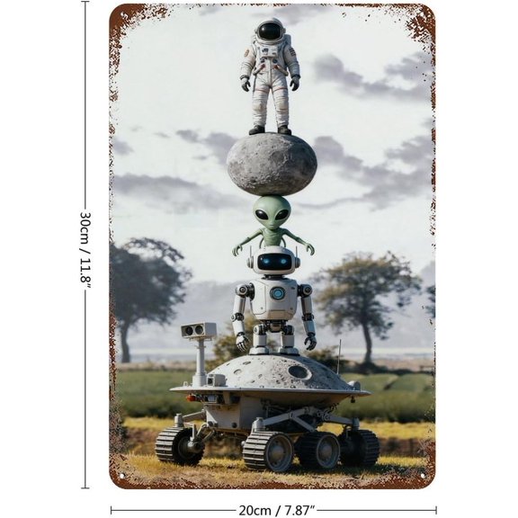 Astronaut Alien and Robot Stack Metal Tin Sign 8x12 Inch Sci Fi Wall Plaque with Funny Space Explorer Art Futuristic Home Bedroom or Office Decor