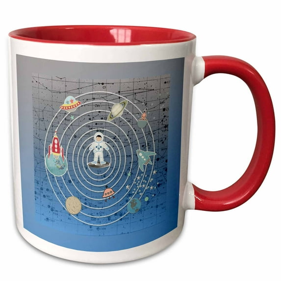 3drose, Astronaut, Aliens, Space Ships, Moon, Earth, Saturn, and Stars, Blue, 15oz Two-tone Red Mug