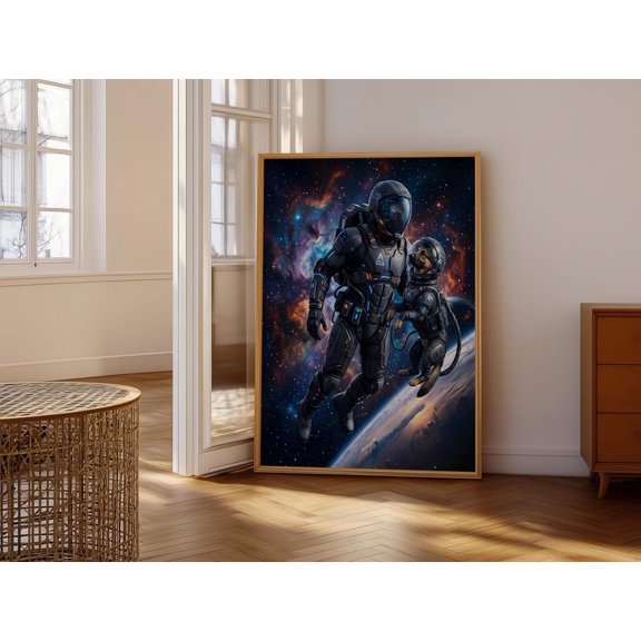 Astronaut And Dog In Space Vibrant Cosmic Adventure Futuristic Scene Perfect Space Exploration Wall Art Quality Gift