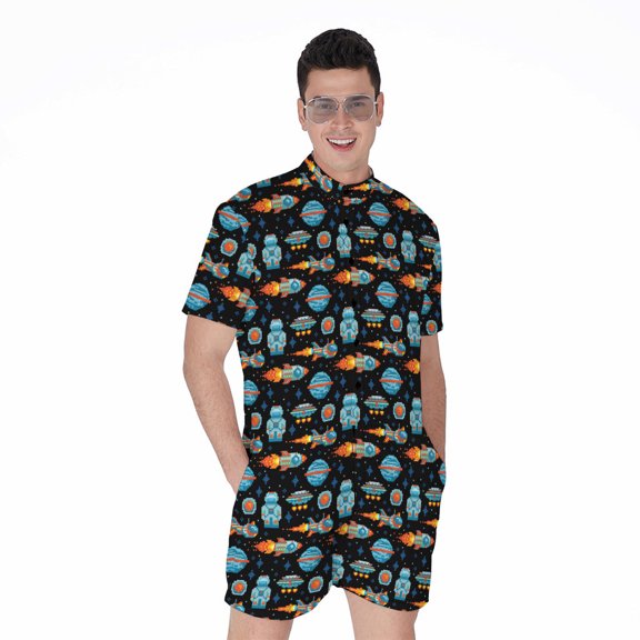 Astronaut And Space Pixel Pattern Short Sleeve Men'S Rompers, Space Astronaut Casual Summer Jumpsuits Outfit