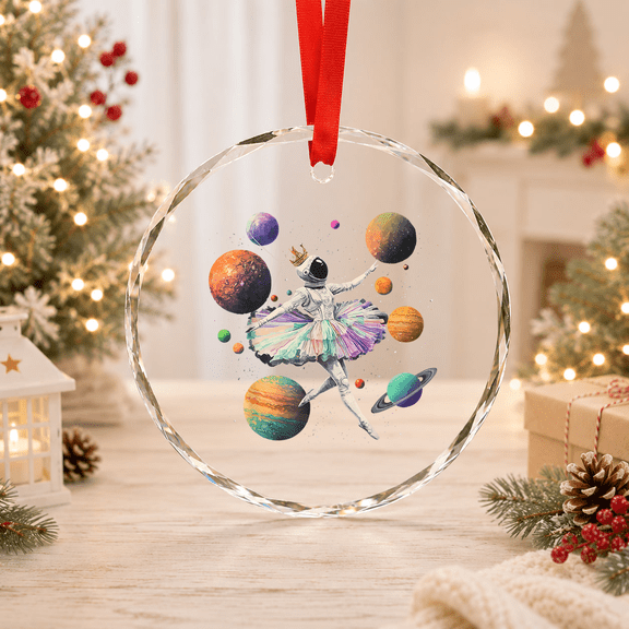 Astronaut Ballerina Dancing In Space Planets Vintage Glass Ornament