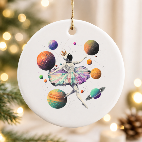 Astronaut Ballerina Dancing in Space Planets Christmas Ornament, Holiday Keepsake Gift, Ceramic Ornament