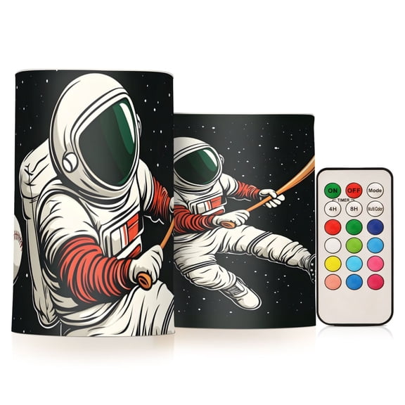 Astronaut Baseball Flickering Flameless Candles Battery Operated with Remote Timer LED Pillar Candles Set of 2
