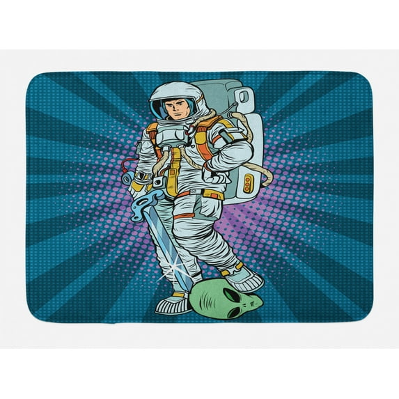 Astronaut Bath Mat, Galaxy Figure and Severed Alien Head Masculine Space Era Fighters Design, Non-Slip Plush Mat Bathroom Kitchen Laundry Room Decor, 29.5 X 17.5 Inches, Teal and Coconut, Ambesonne