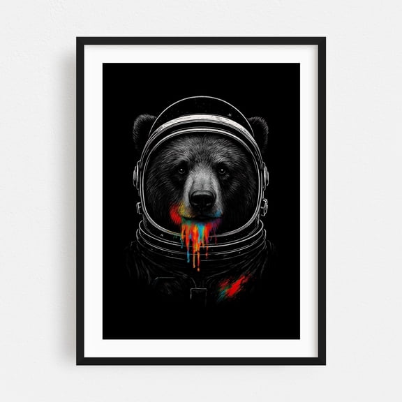 Astronaut Bear with Neon Paint Drips – Cosmic Animal Art - Digital Art Astronaut Space Animal Psychedelic Surrealism Cosmic Black Framed Wall Art Print 5 x 7 inches