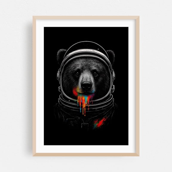 Astronaut Bear with Neon Paint Drips – Cosmic Animal Art - Digital Art Astronaut Space Animal Psychedelic Surrealism Cosmic Oak Framed Wall Art Print 16 x 24 inches