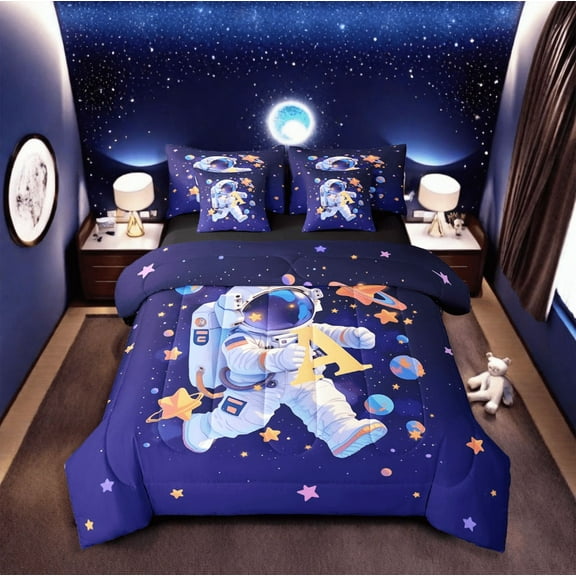 Astronaut Bedding Sets Twin Size Planet Star Decor Bed in a Bag 7 Piece Outer Space Themed Comforter Set with Sheets Galaxy Starry Sky Print Bed Set Universe Theme Sheets