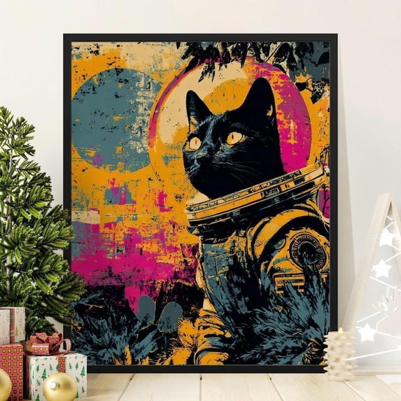 Astronaut Black Cat Print Cosmic Sci-Fi Art Whimsical Pet Decoration ...