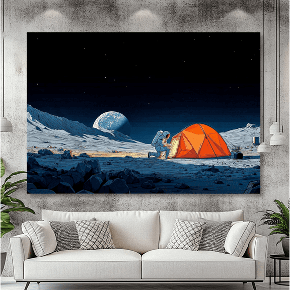 Astronaut Camping Tapestry, Sci-Fi Space Explorer Setting Up Tent on Moon Surface, Earth in Background, Cool Galaxy Wall Art for Bedroom, Game Room, Dorm