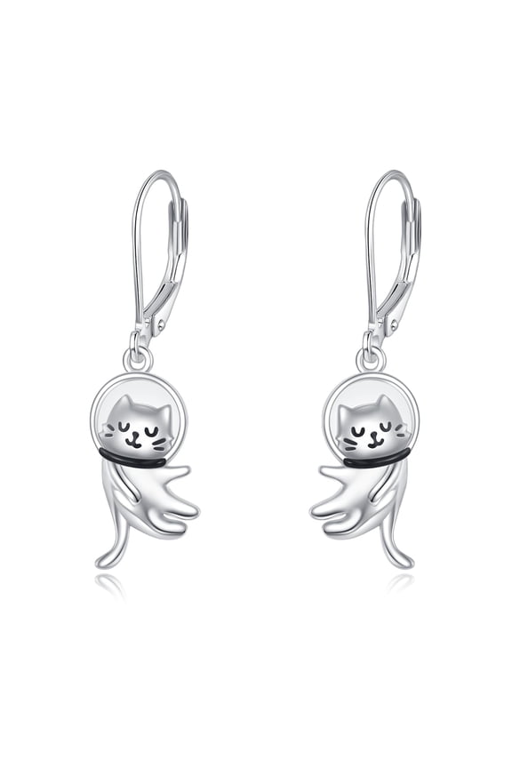 Astronaut Cat Dangle Earrings for Women, 925 Sterling Silver Cute Space Cats Drop Earrings , Dainty Kitty Jewelry Gift for Cat Lovers