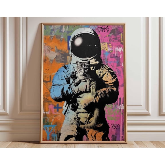 Astronaut Cat Graffiti Space Exploration Cosmic Wall Art Print, Unframed Paper Poster 8x10in