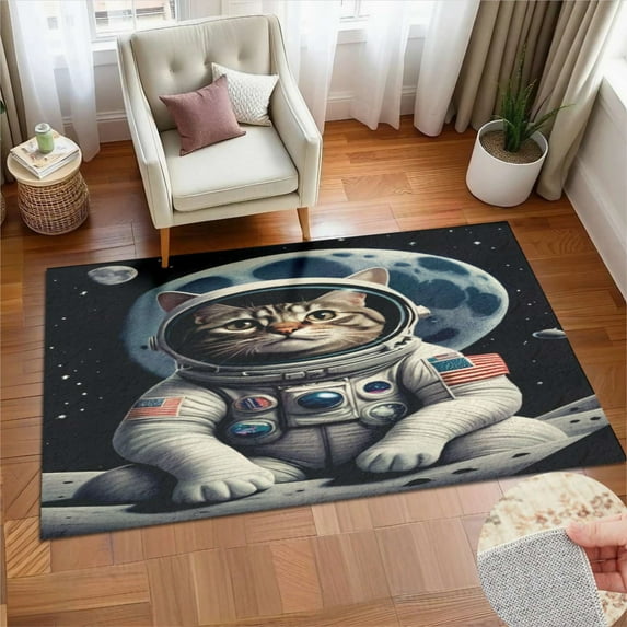 Astronaut Cat Moon Adventure Soft Large Area Rugs Washable Rug With Non-Slip Backing Carpet For Living Room Bedroom Kitchen
