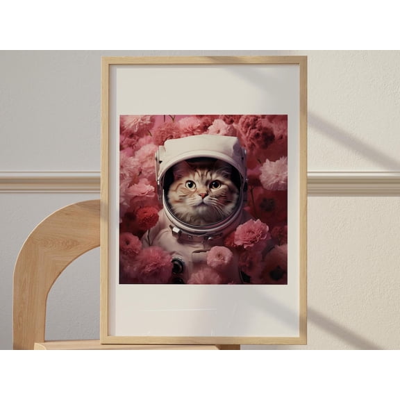 Astronaut Cat Print Space Kitten in Pink Flowers, Unframed Paper Poster 8x10in