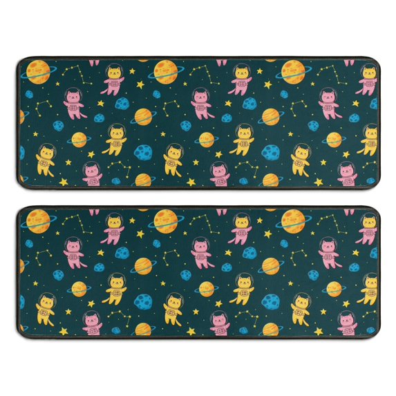 Astronaut Cat and Planet Anti Fatigue Kitchen Rugs Set Of 2, Non Slip Washable Decorative Floor Mats for Sink Laundry and Home Use, 17"x47"