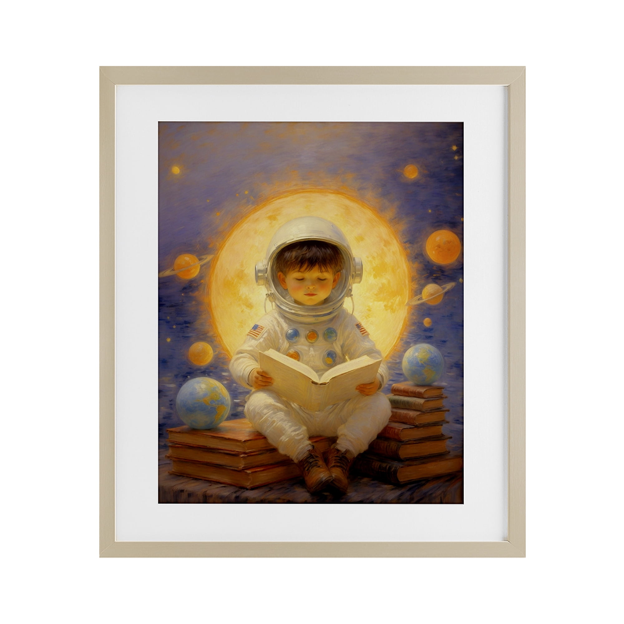Astronaut Child Learning Birch Framed Print Under Glass, design by Angie Hawke